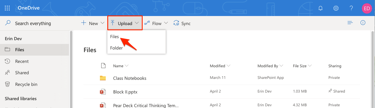 OneDrive, upload files