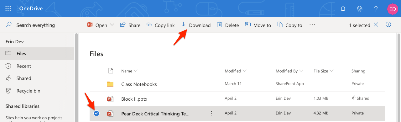 OneDrive, select file, download