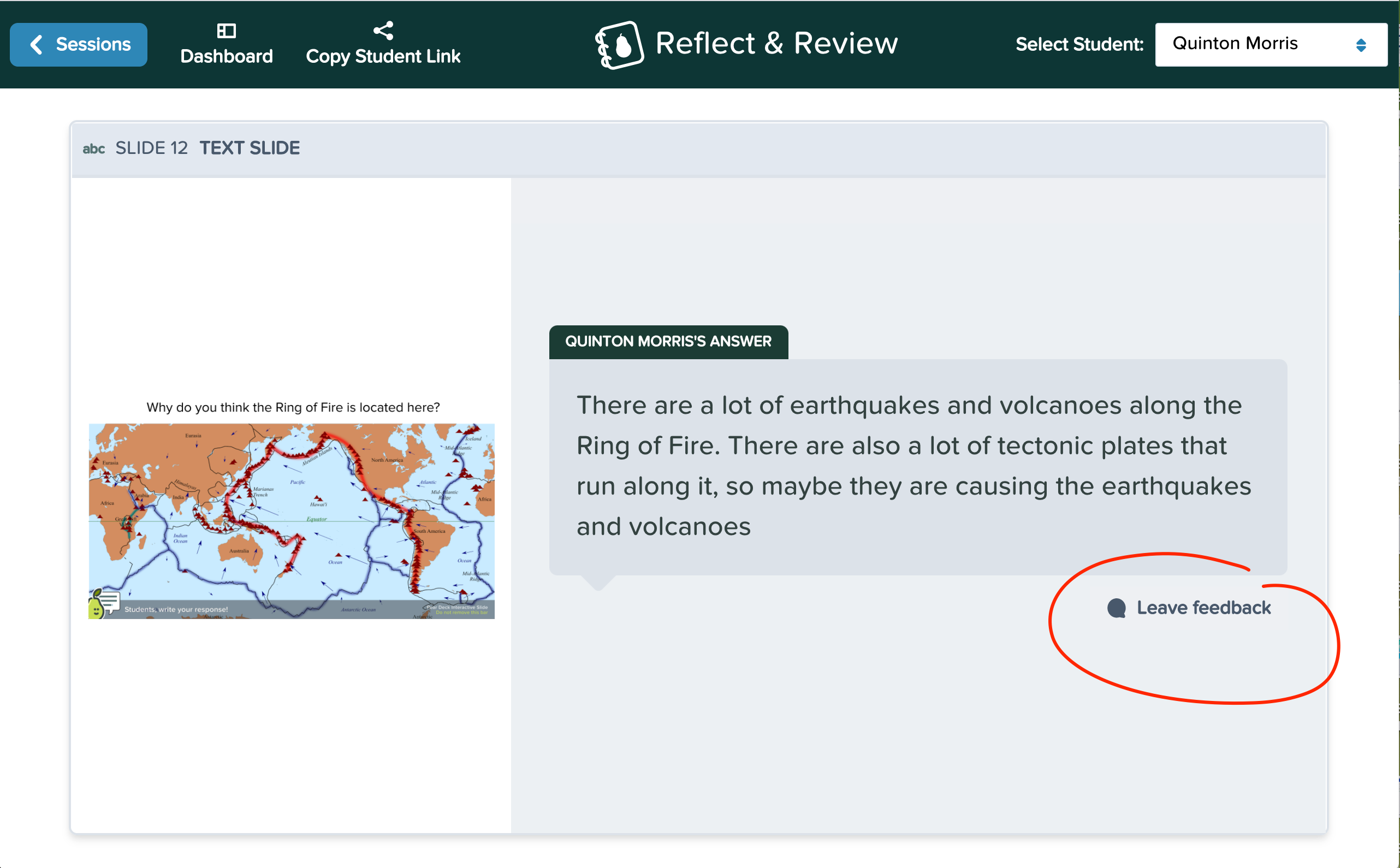 Reflect & review, text response slide, leave feedback circled
