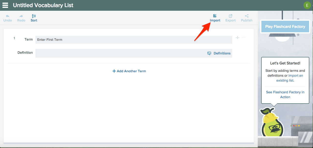 Vocab editor, import button, red arrow